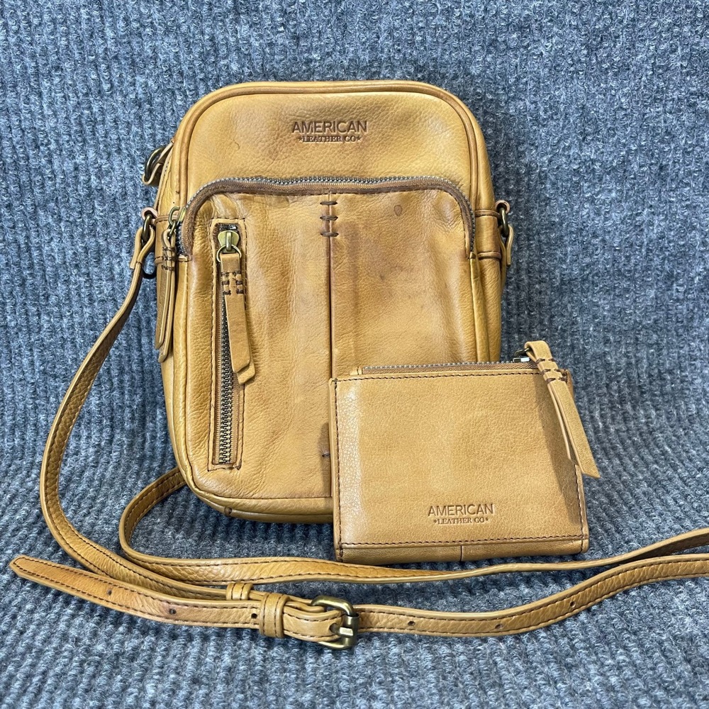 American Leather Co Crossbody Bag Wallet Set Tan Leather Patina Boho Festival
